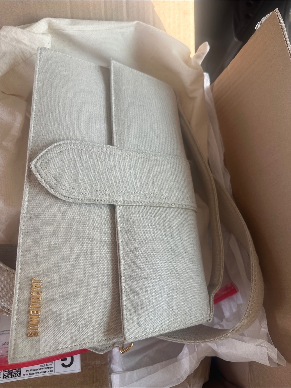 Jacquemus Natural Canvas Flap Shoulder Bag with Gold Logo